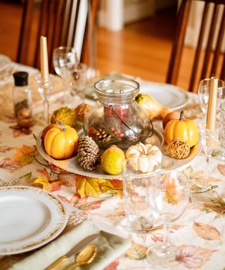 Thanksgiving centerpiece ideas with a plate filled with pumpkins, pine cones and berries