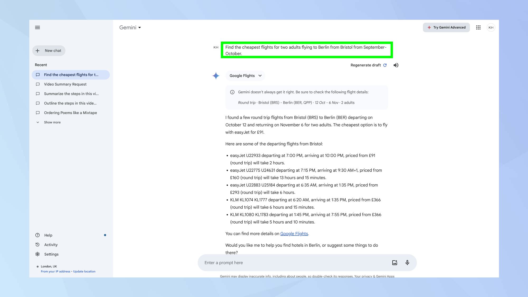Gemini cheap flights prompt