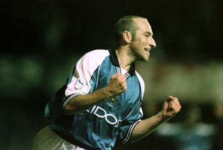 Danny Tiatto celebrates after scoring for Manchester City against Southampton, 2000