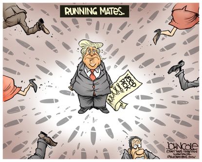 Political cartoon U.S. Donald Trump veep picks running away