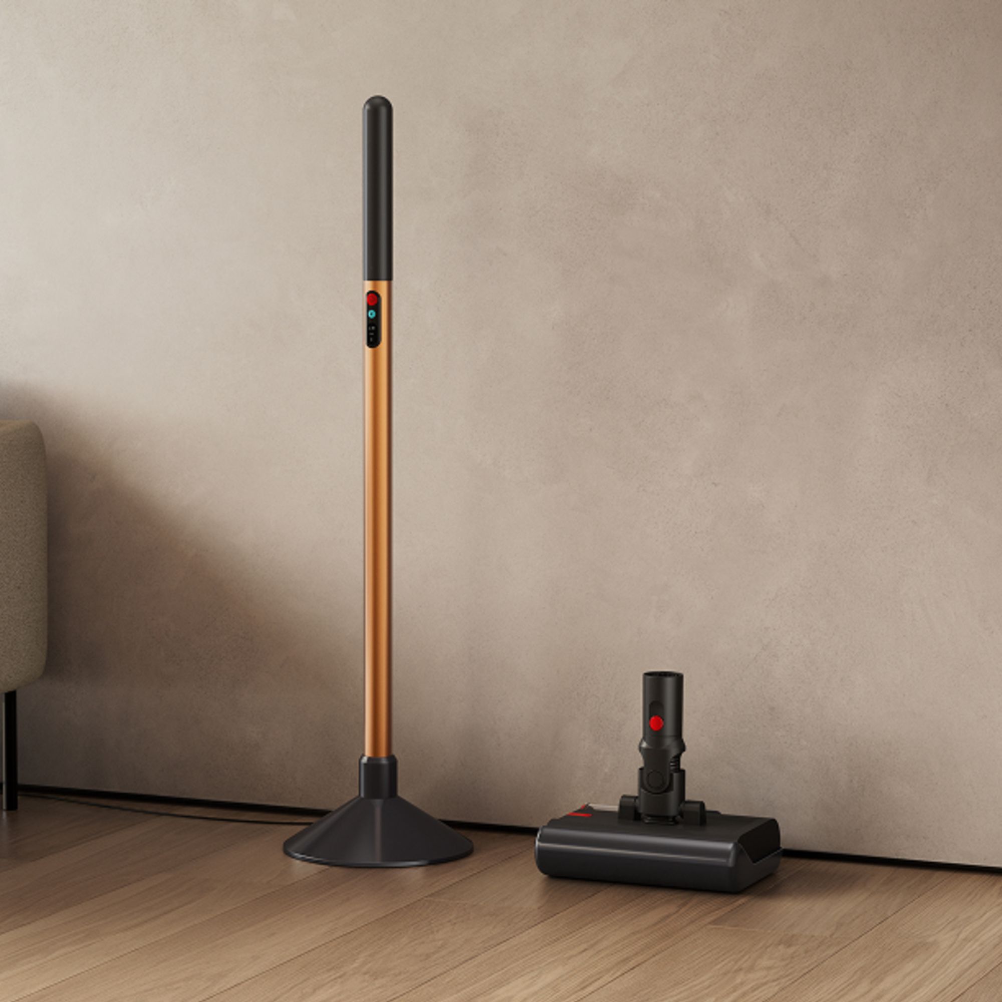 Dyson PencilWash sitting on a stand on wooden floor