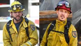 From left to right: Max Thieriot as Bode in fire gear and Kevin Alejandro as Manny in fire gear.