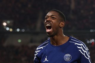 Paris Saint-Germain's French forward #10 Ousmane Dembele celebrates scoring the 0-4 during the UEFA Champions League football match VfB Stuttgart vs Paris Saint-Germain in Stuttgart, southwestern Germany, on January 29, 2025.