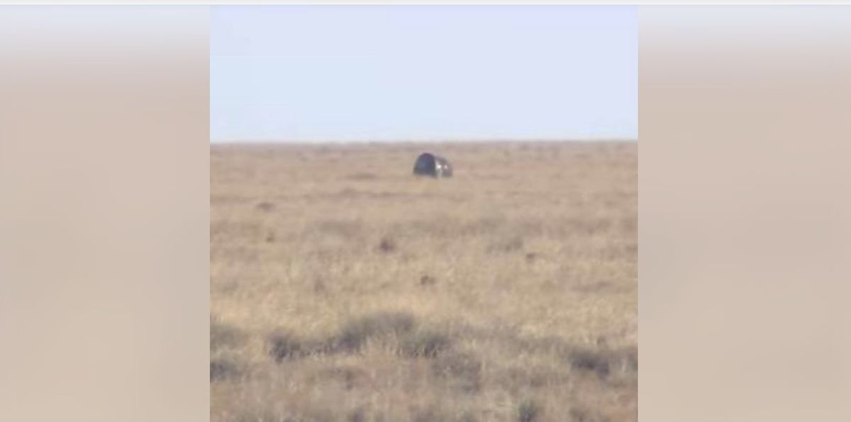 The Russian Soyuz MS-22 space capsule at rest on its side after landing on the steppes of Kazakhstan on March 28, 2023.