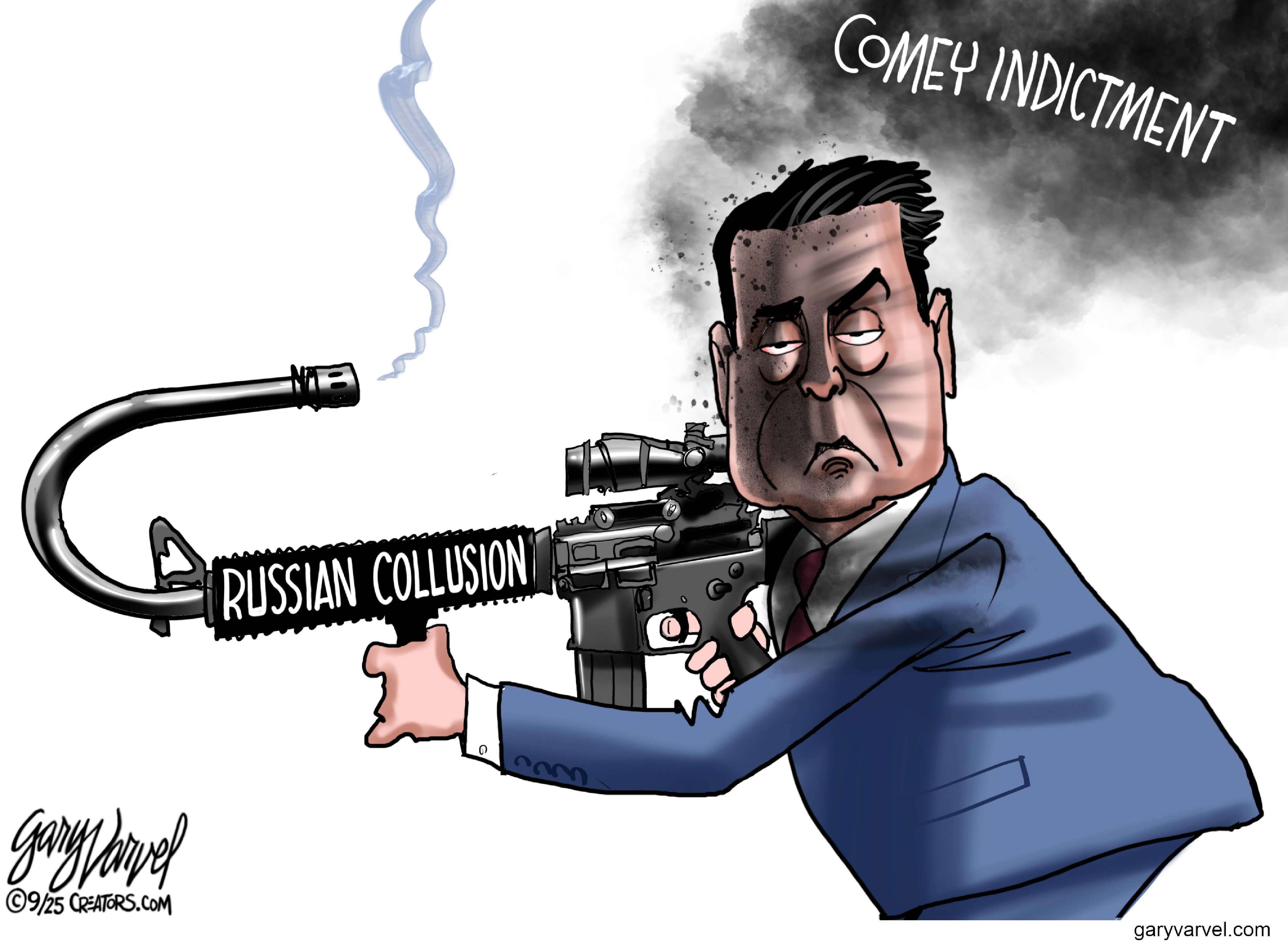 This cartoon is titled &amp;ldquo;Comey Indictment&amp;rdquo; and depicts James Comey holding a gun labeled &amp;ldquo;Russian Collusion&amp;rdquo; that has been turned back and now faces him.