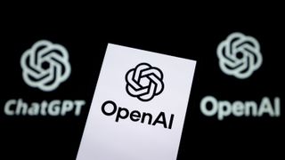 An OpenAI logo is displayed on a smartphone screen with a ChatGPT logo in the background.