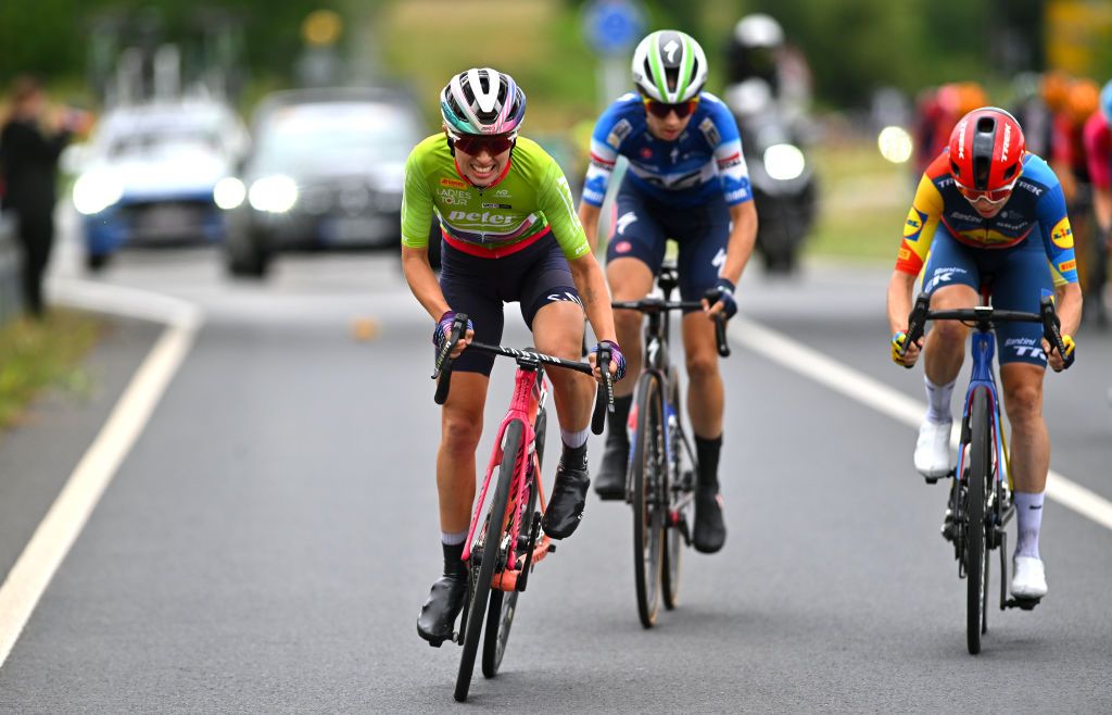 SCHMALKALDEN GERMANY JUNE 30 Katarzyna Niewiadoma of Poland and Team CanyonSRAM Racing Green Mountain Queen Jersey competes in the breakaway during the 36th Internationale LOTTO Thringen Ladies Tour 2024 Stage 6 a 1054km stage from Schmalkalden to Schmalkalden on June 30 2024 in Schmalkalden Germany Photo by Luc ClaessenGetty Images