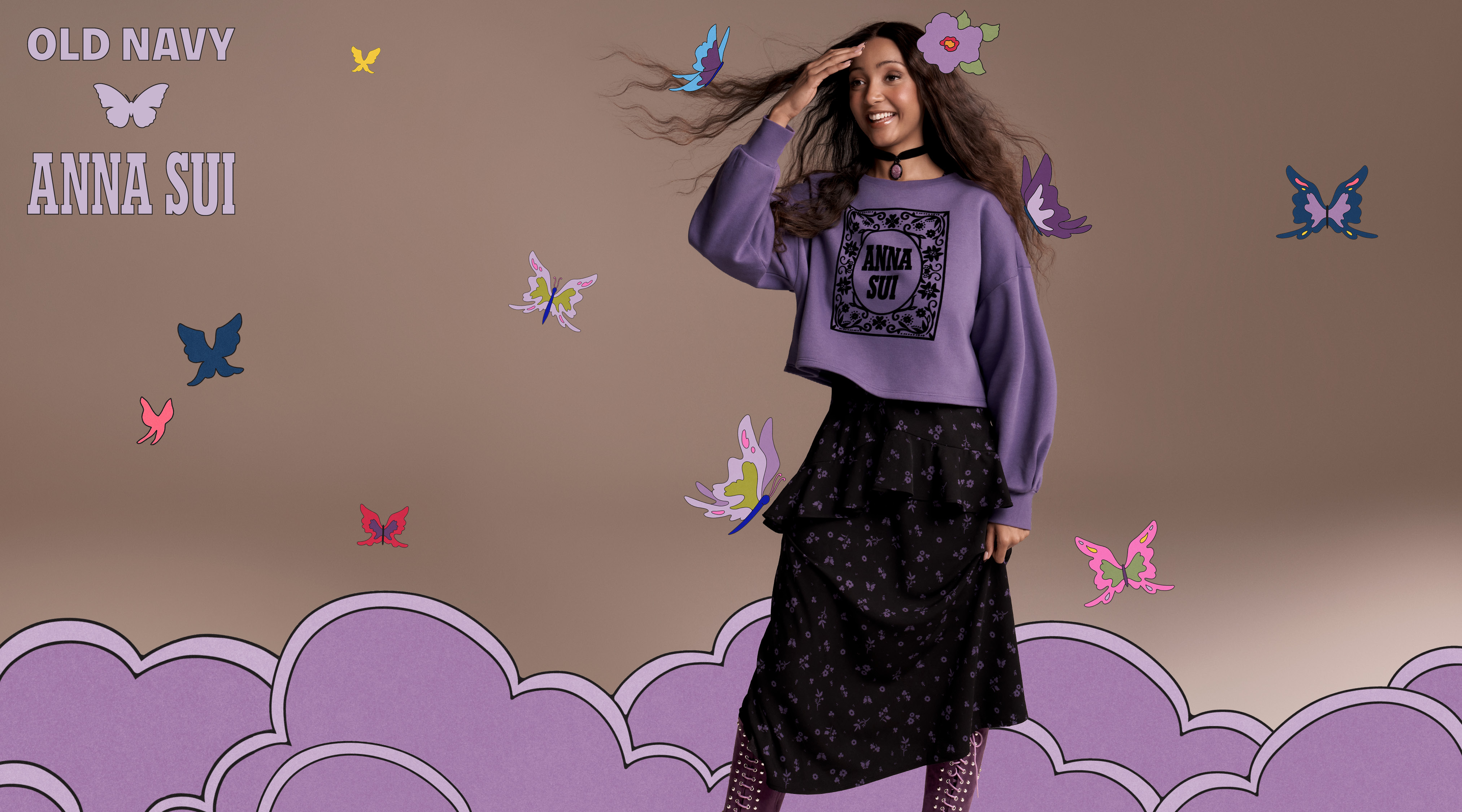 Pink Pantheress in the Anna Sui x Old Navy campaign.