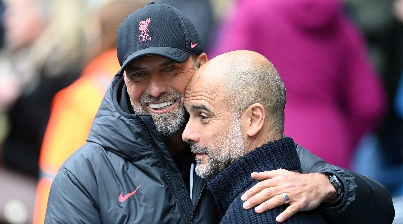 Jurgen Klopp and Pep Guardiola embrace ahead of a match between Liverpool and Manchester City in April 2023.