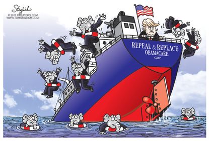 Political cartoon U.S. Trump GOP health care Obamacare Titanic