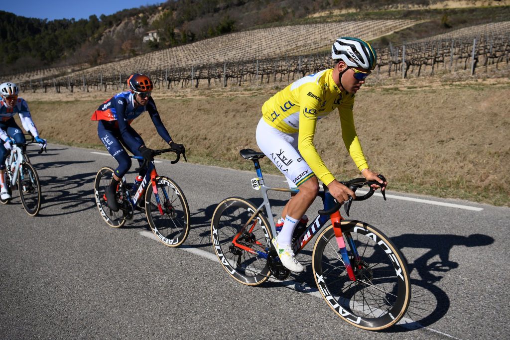 SISTERONFRANCE MARCH 07 Luke Plapp of Australia and Team Jayco AlUla Yellow Leader Jersey competes during the 82nd Paris Nice 2024 Stage 5 a 1935km stage from SaintSauveurdeMontagut to Sisteron UCIWT on March 07 2024 in Sisteron France Photo by Alex BroadwayGetty Images