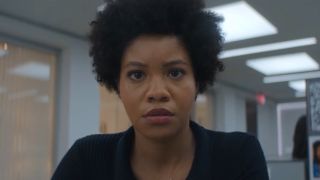 Nella Rogers (Sinclair Daniel) staring at her computer on The Other Black Girl