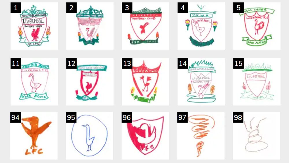 Football badges drawn from memory