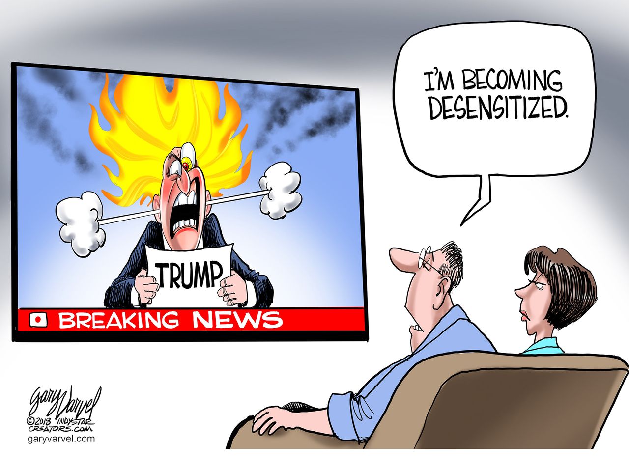 Political cartoon U.S. Trump breaking news media desensitization