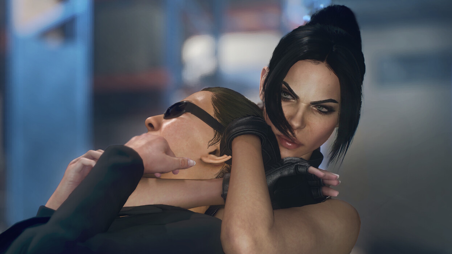 Julia Black, elite assassin from MindsEye Blacklisted, throttling some anonymous goon 