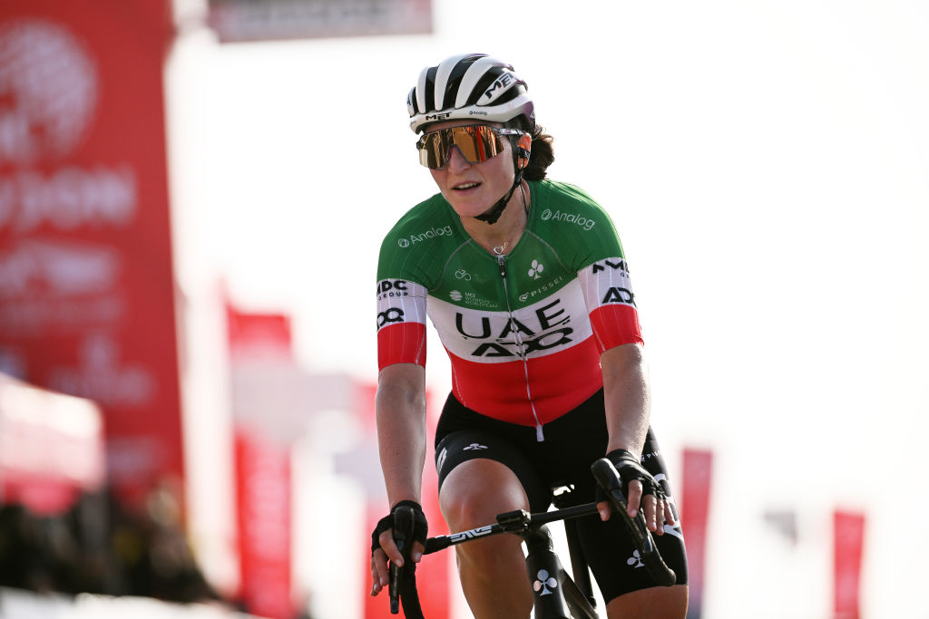 JEBEL HAFEET UNITED ARAB EMIRATES FEBRUARY 08 Elisa Longo Borghini of Italy and UAE Team ADQ celebrates at finish line as stage winner during the 3rd UAE Tour Women Stage 3 a 152km stage from Al Ain Qasr Al Muwaiji to Jebel Hafeet 1031m UCIWWT on February 08 2025 in Jebel Hafeet United Arab Emirates Photo by Tim de WaeleGetty Images