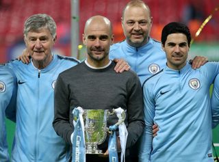 Pep Guardiola, centre, knows how to win the Carabao Cup