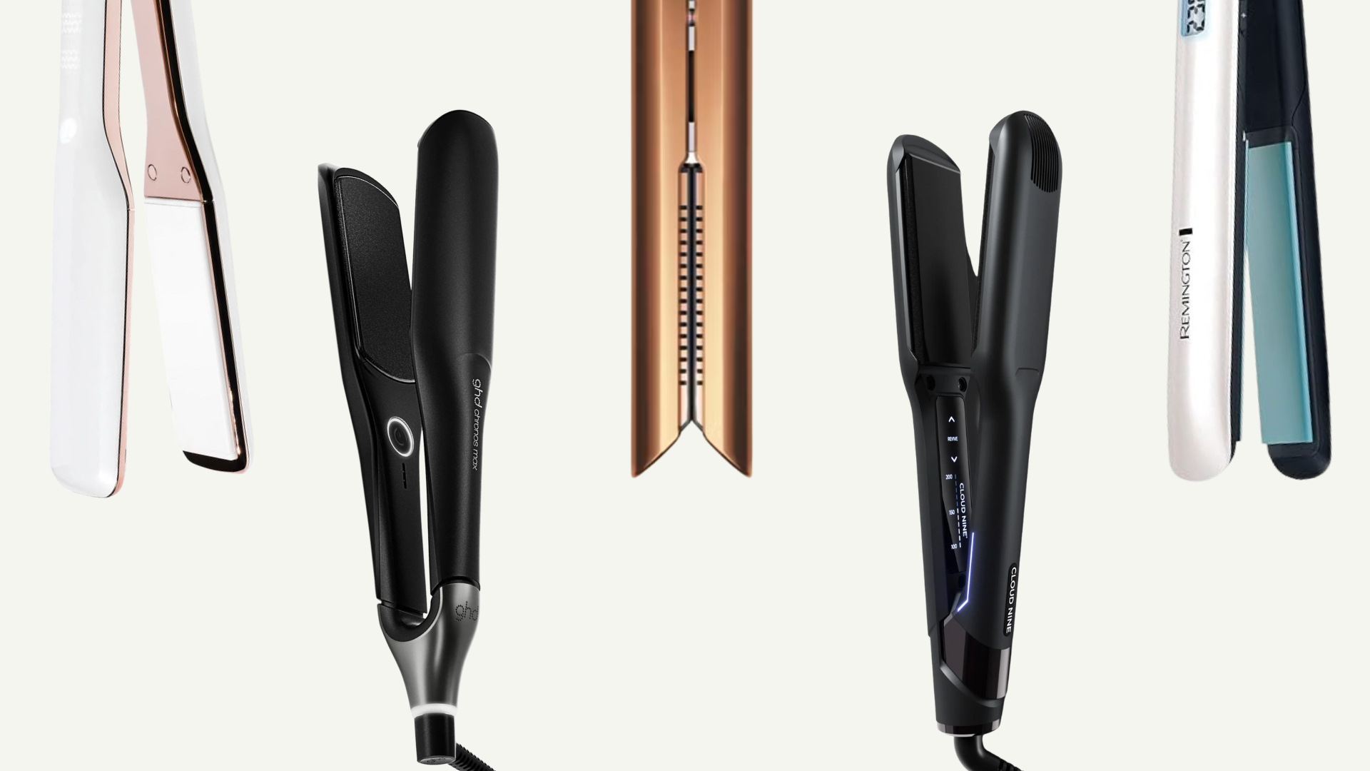 Collage of five of the best straighteners featured in this guide from (left to right) T3, ghd, Dyson, Cloud Nine and Remington, set against an off-white background