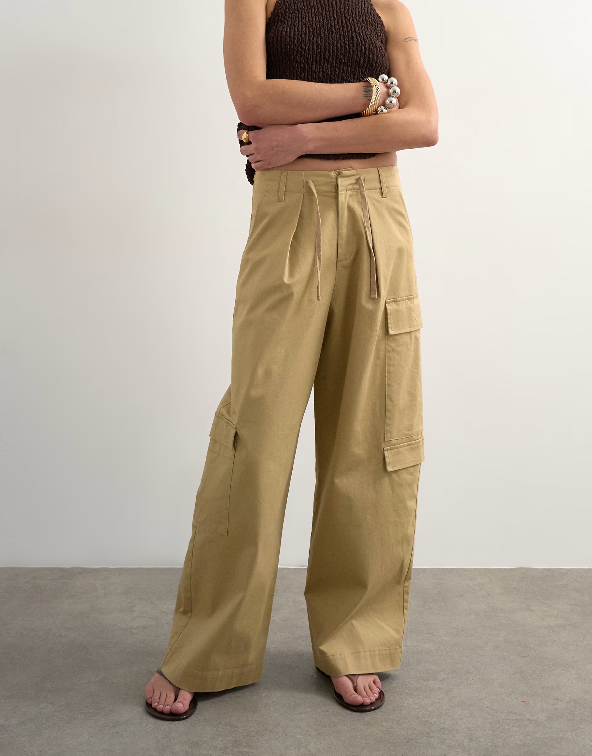 Topshop, Clean A Line Wide Leg Cargo with Tie Waist in beige