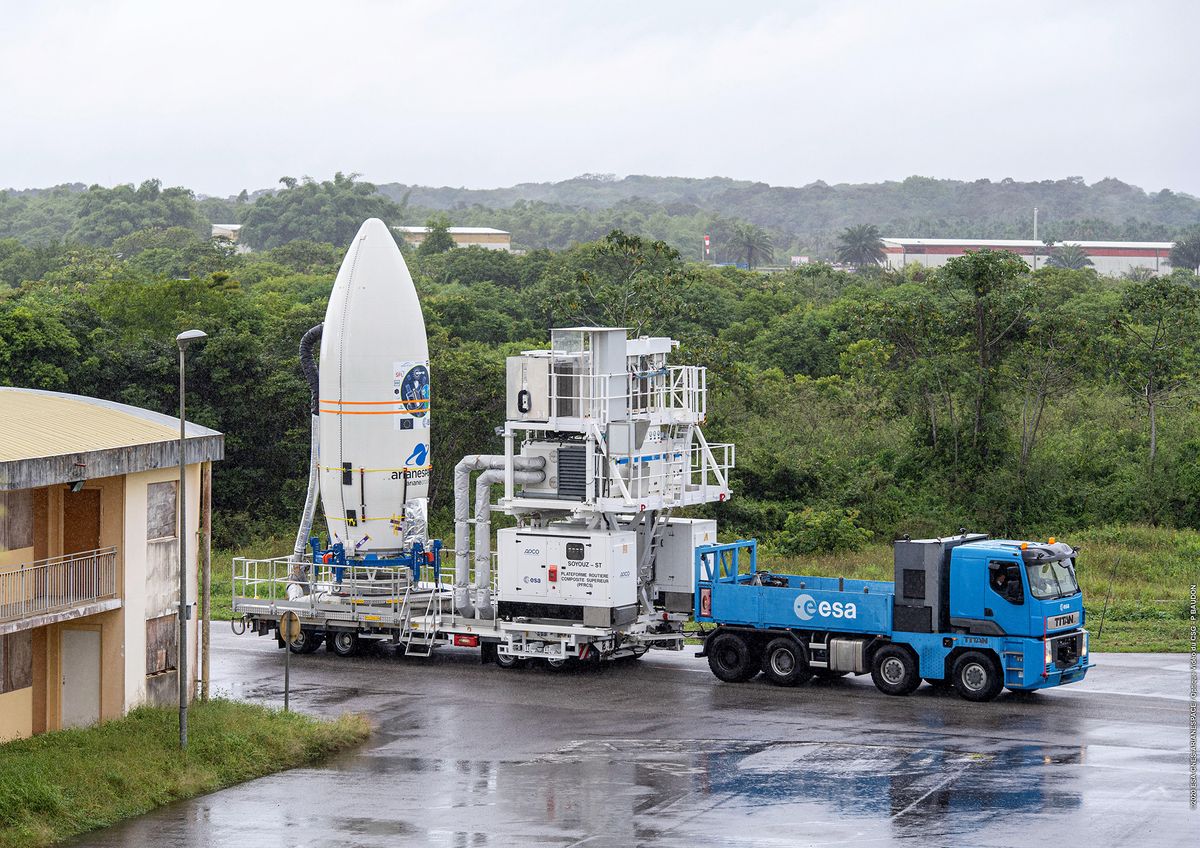 In preparation for Europe&#039;s first rideshare mission, flight VV16, Vega&#039;s upper composite containing 53 satellites secured on the new Small Spacecraft Mission Service (SSMS) dispenser move to the launch zone for integration with the launch vehicle at Europe&#039;s Spaceport in Kourou, French Guiana, on June 12, 2020. 