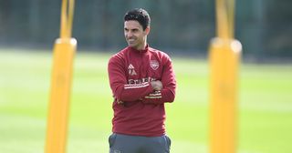 Arsenal manager Mikel Arteta during a training session at London Colney on September 29, 2023 in St Albans, England.