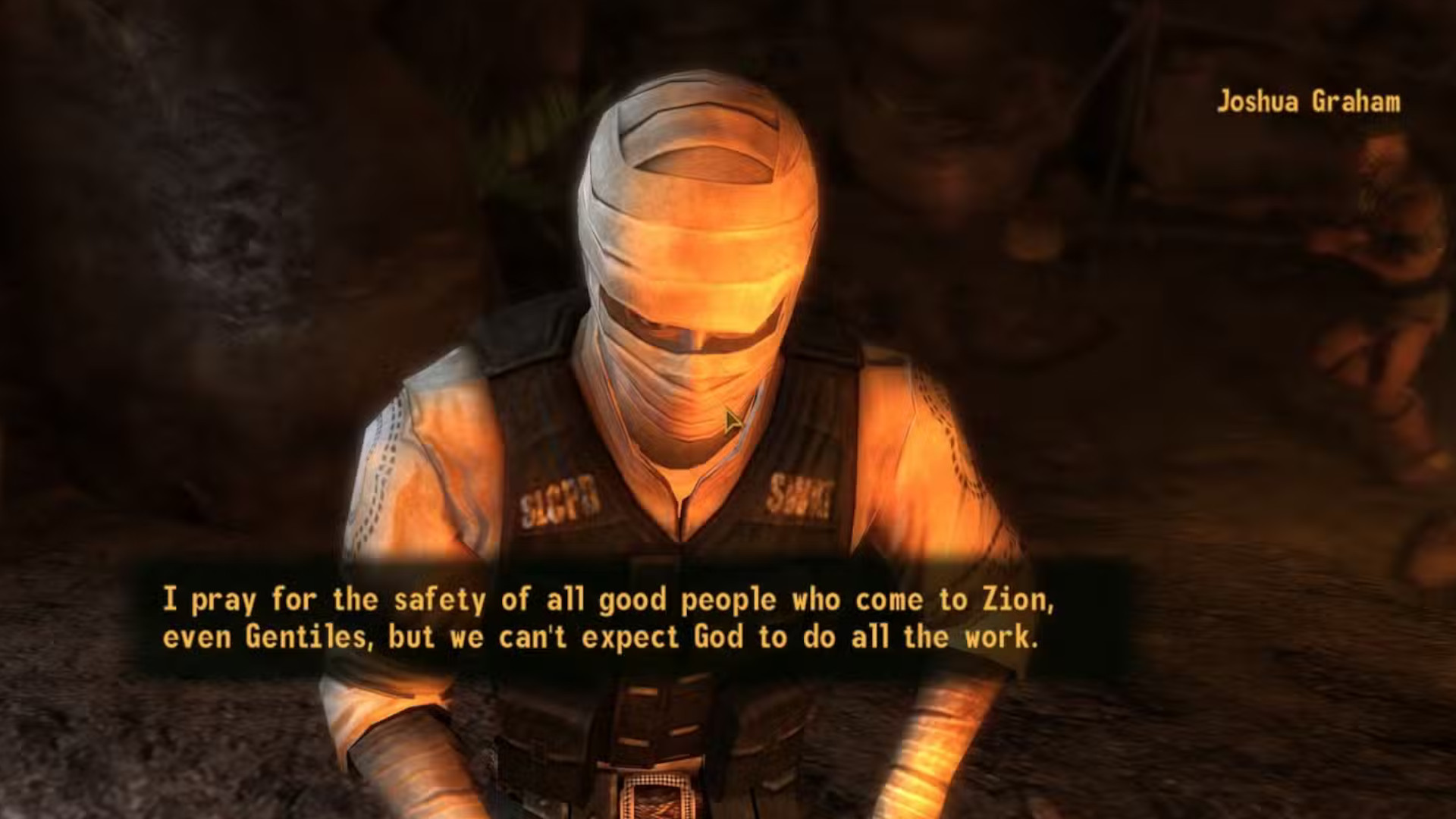 Joshua Graham chatting to the player during the DLC for Fallout: New Vegas