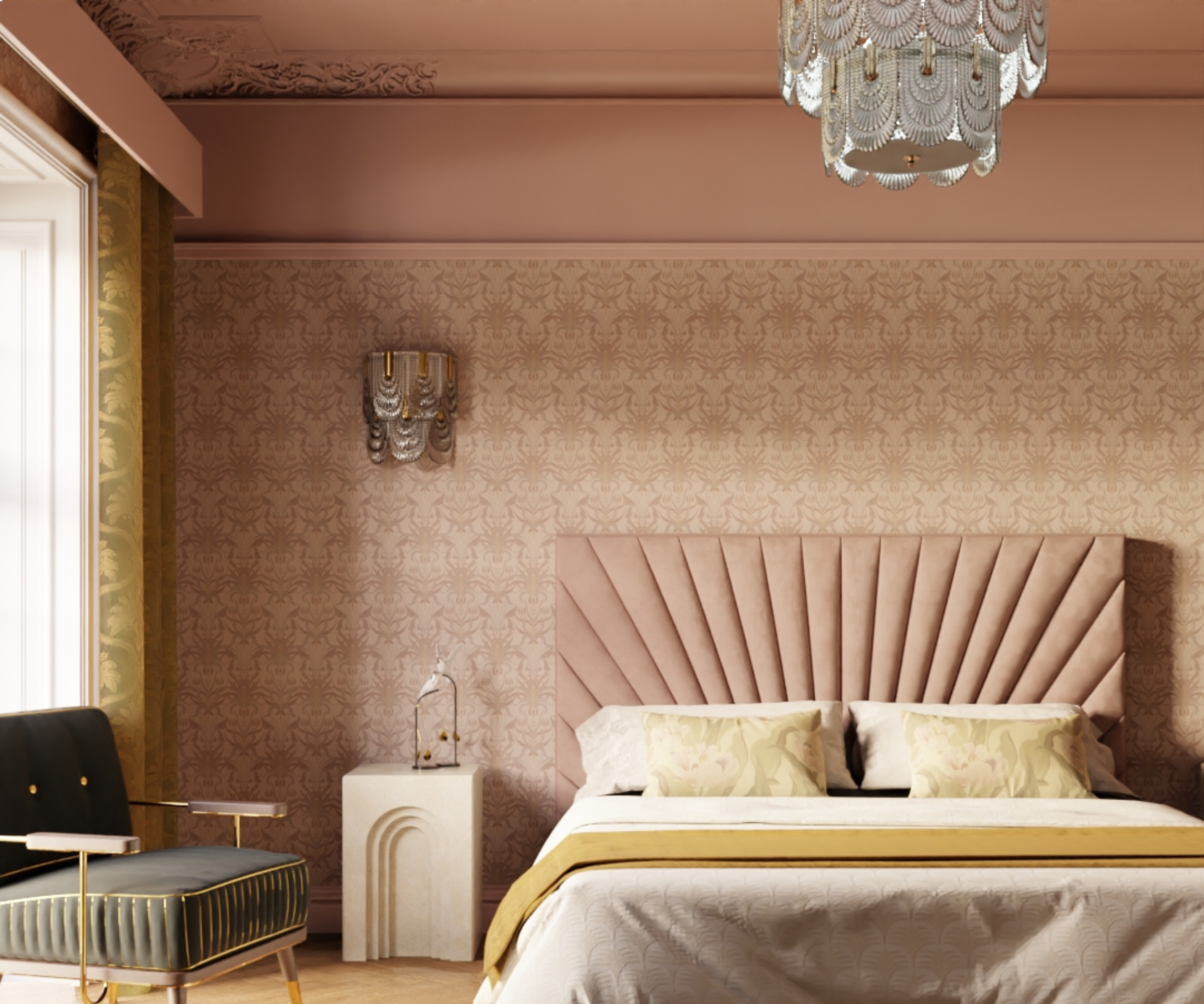 pink bedroom with pink wallpaper, pink ceiling and scallop effect headboard