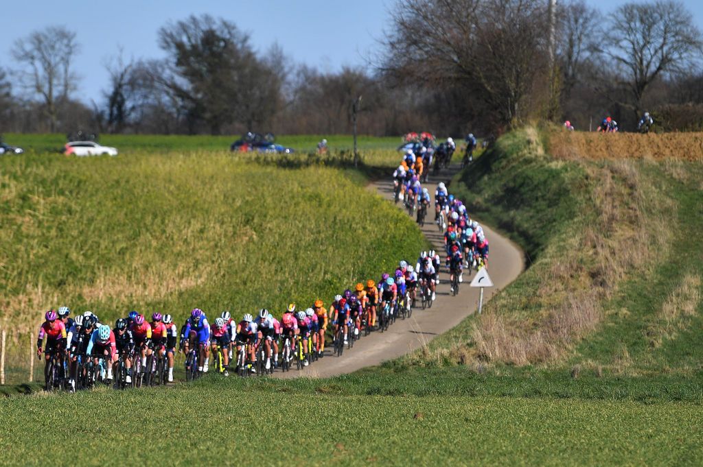 TIELTWINGE BELGIUM FEBRUARY 27 A general view of the peloton competing during the 17th Craywinckelhof Omloop van het Hageland 2022 a 1282km race from Tienen to TieltWinge OmloopHageland on February 27 2022 in TieltWinge Belgium Photo by Luc ClaessenGetty Images