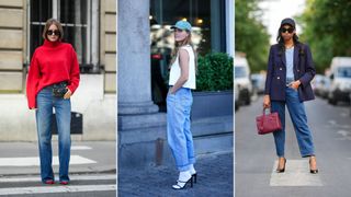 A composite of street style influencers wearing jeans and heels for the weekend