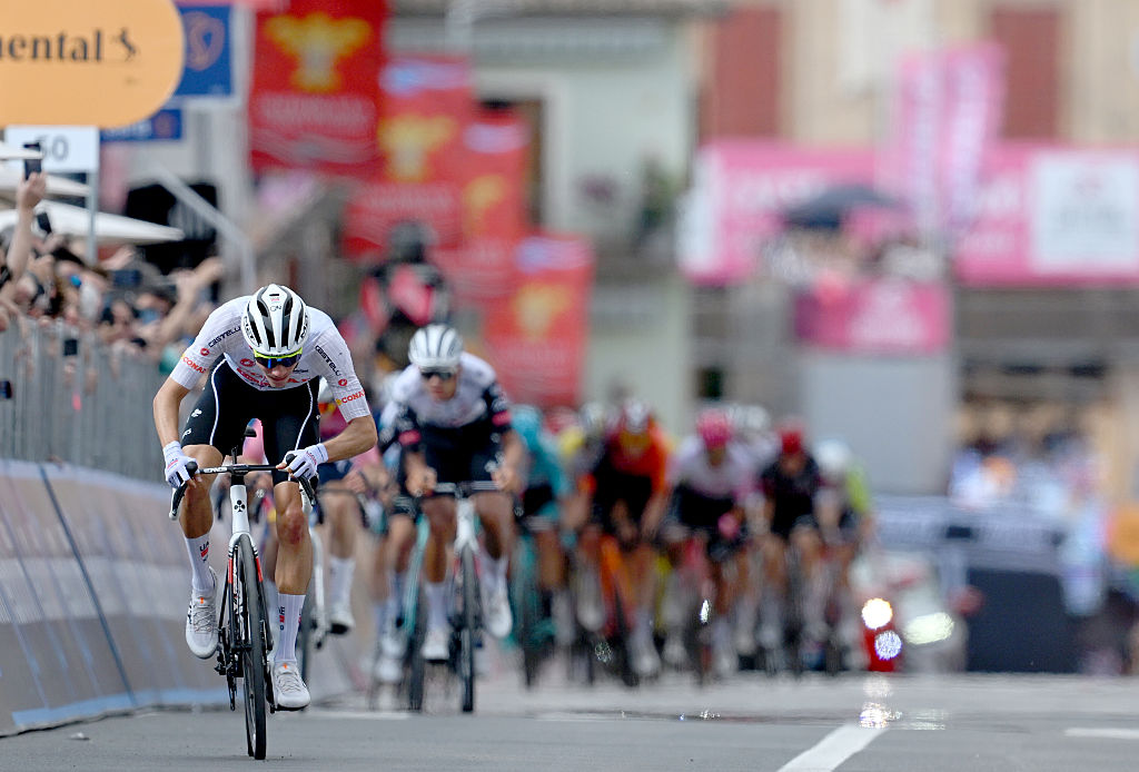 CASTELRAIMONDO ITALY MAY 17 Juan Ayuso of Spain and Team UAE Team Emirates XRG White Best Young Rider Jersey crosses the finish line during the 108th Giro dItalia 2025 Stage 8 a 197km stage from Giulianova to Castelraimondo UCIWT on May 17 2025 in Castelraimondo Italy Photo by Tim de WaeleGetty Images