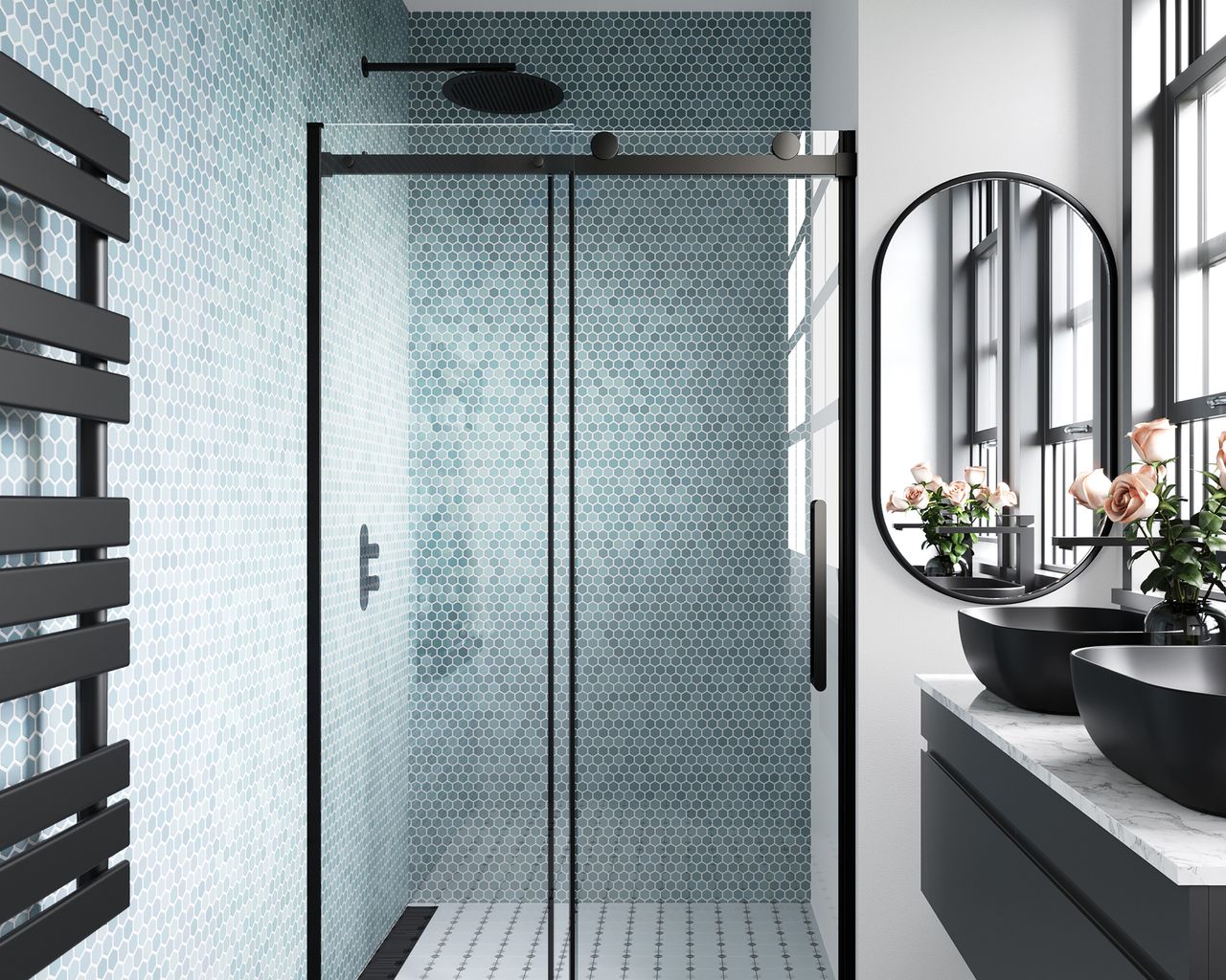 Light blue tiled bathroom with black walk-in shower