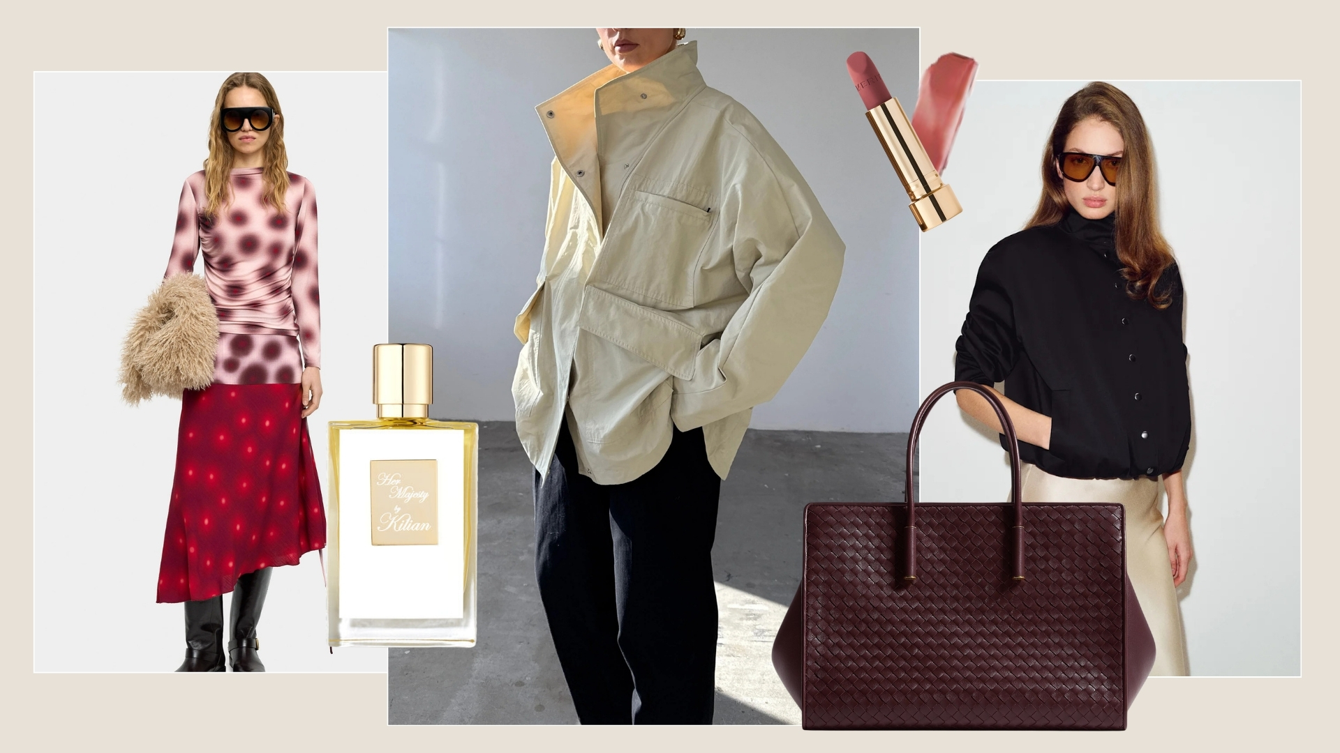 Collage of editor's spring wish list picks from Parfois, Space NK, Fuchsia Shaw, Bottega Veneta, Merit, and Reformation 