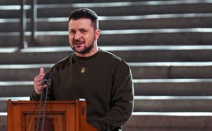 Ukrainian President Volodymyr Zelensky addresses the U.K. Parliament. 