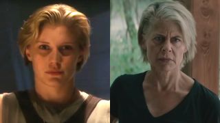Katee Sackhoff in Battlestar Galactica and Linda Hamilton from Terminator: Dark Fate, pictured side-by-side.