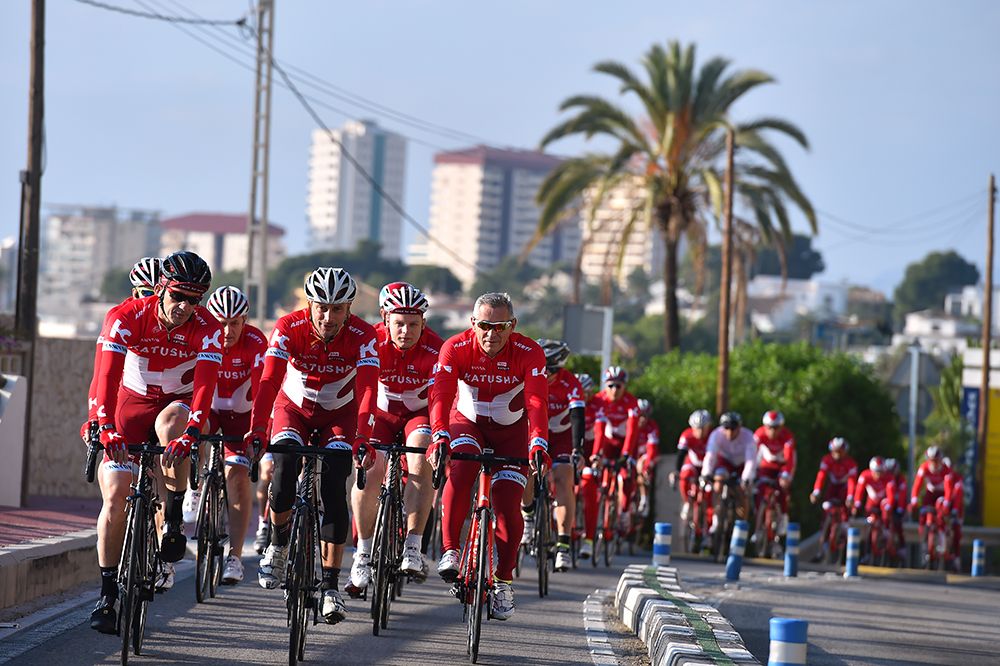 The Katusha team out for a training ride in its new 2016 kit