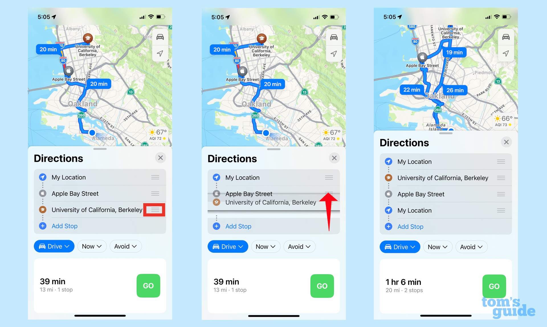 How to map a route with multiple stops in iOS 16 Maps by dragging stops to reorder the route
