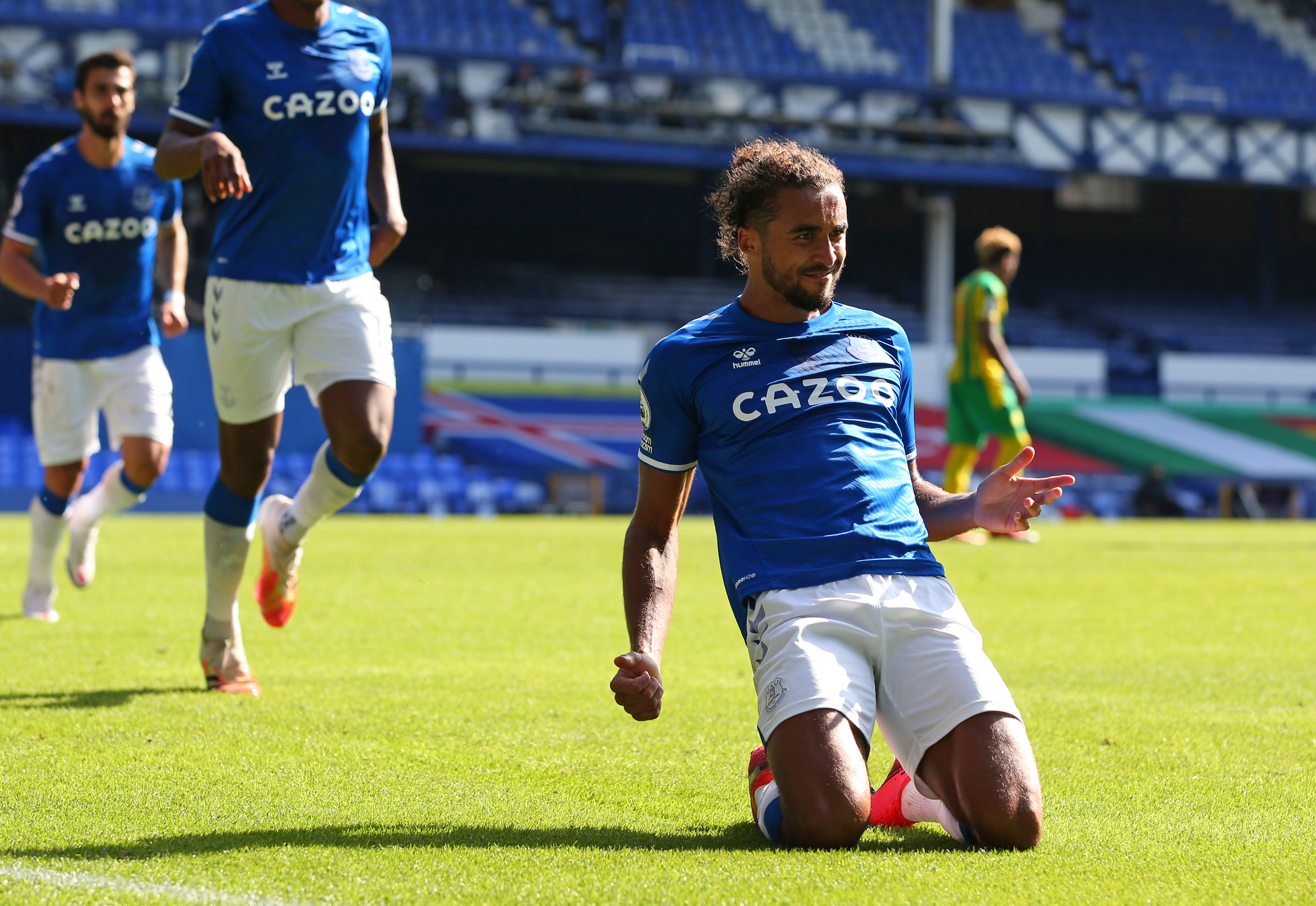 Dominic Calvert-Lewin celebrates after completing his hat-trick against West Brom