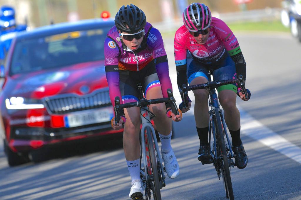 Claire Faber (Andy Schleck-CP NVST-Immo Losch) rides in front of Silvia Zanardi (Bepink) in attack during Liege0-Bastogne-Liege