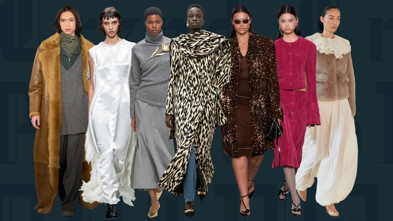 A collage of models at TWP, Fforme, Altuzarra, Tory Burch shows from the fall/winter 2025 season.