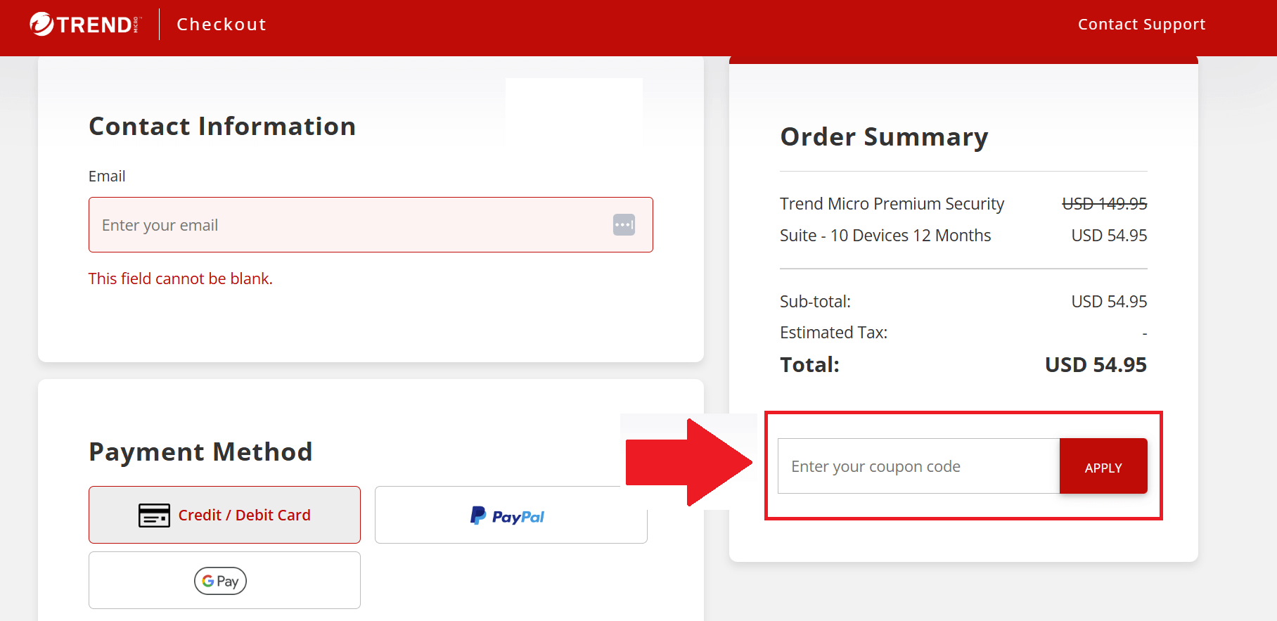 A screenshot showing the Trend Micro checkout page and where to enter your promo code