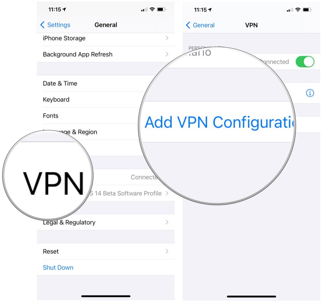 Um ein VPN auf Ihrem iPhone oder iPad manuell zu konfigurieren, tippen Sie auf VPN und dann auf VPN-Konfiguration hinzufügen.