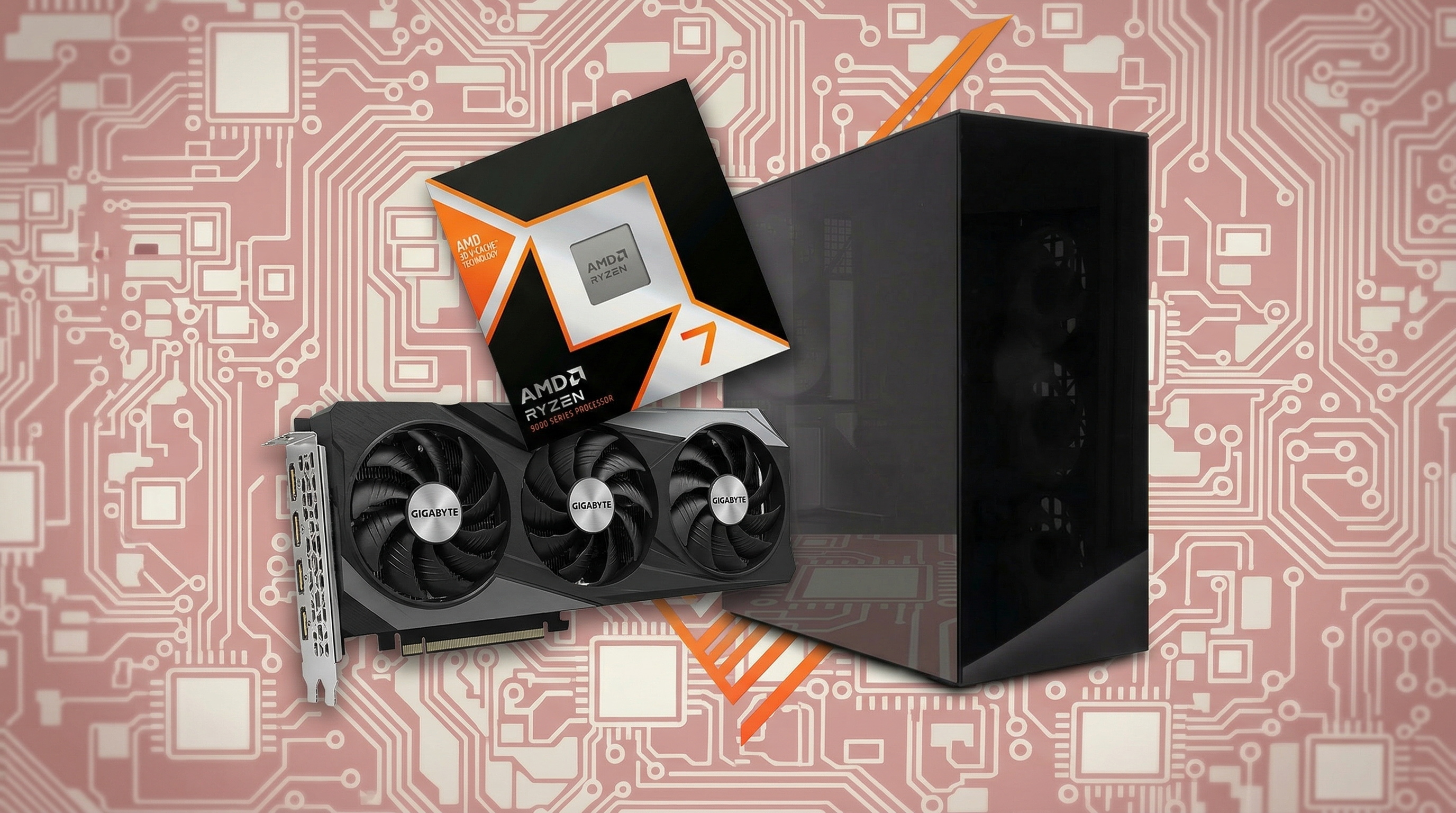 A Gigabyte RTX 5080 graphics card, an AMD Ryzen 7 9800X3D CPU, and an Arctic Xtender PC case on a circuit board-themed background