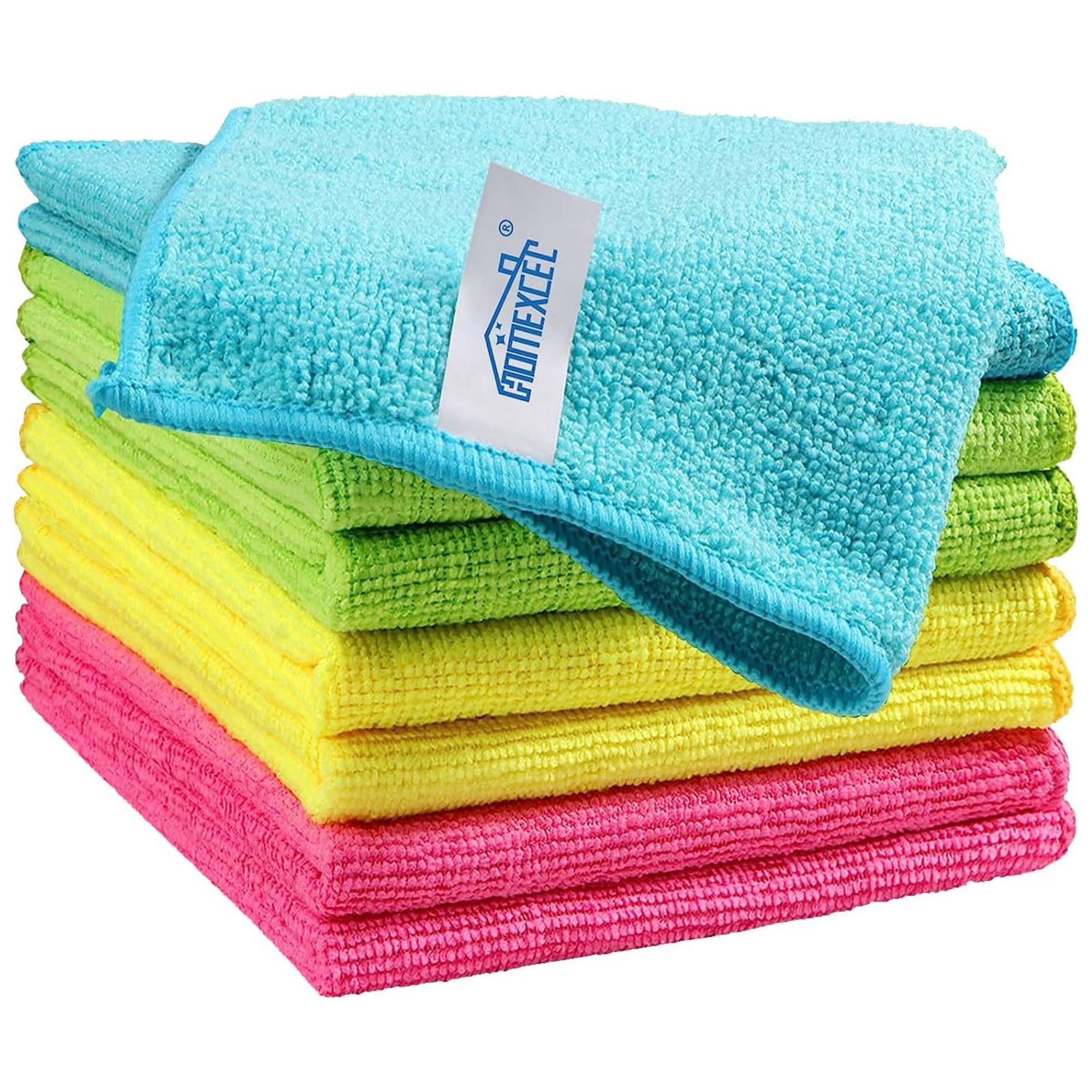 A decent stack of pink, yellow, green and blue microfiber scarves