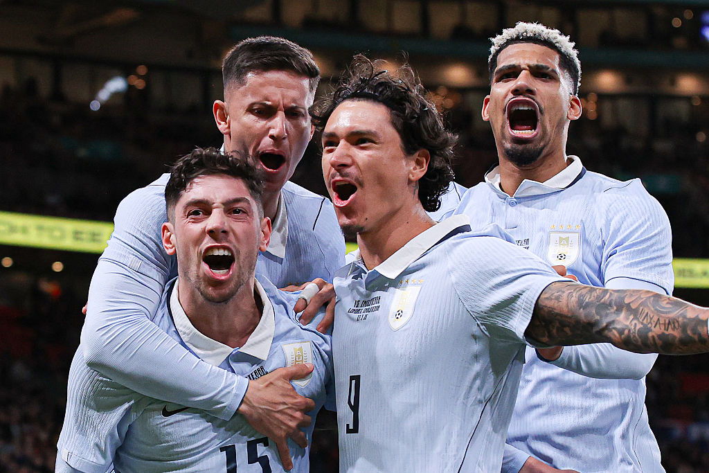 Federico Valverde of Uruguay (left) celebrates with teammates
