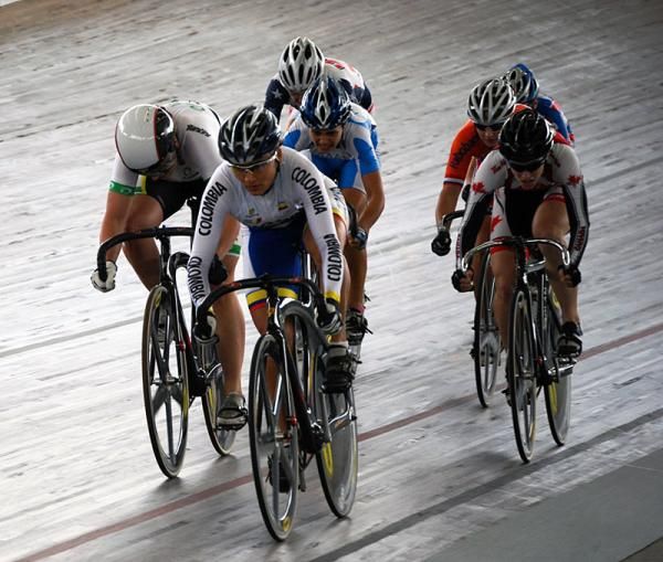 Diana Maria Garcia Orrego (Colombia) leads in heat two during women's keirin qualifying.