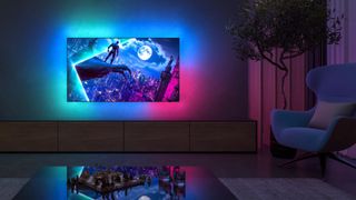 Philips Ambilight 2025 TV on wall in living room