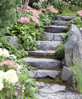 stone steps with boulders and planting at 60° East: A Garden Between Continents by Ekaterina Zasukhina with Carly Kershaw