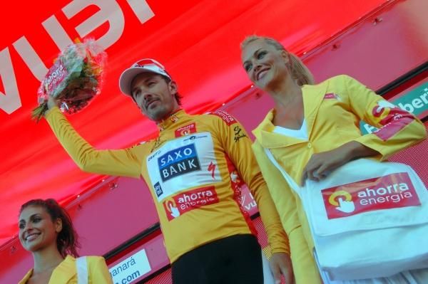 Fabian Cancellara salutes from the podium after stage two.