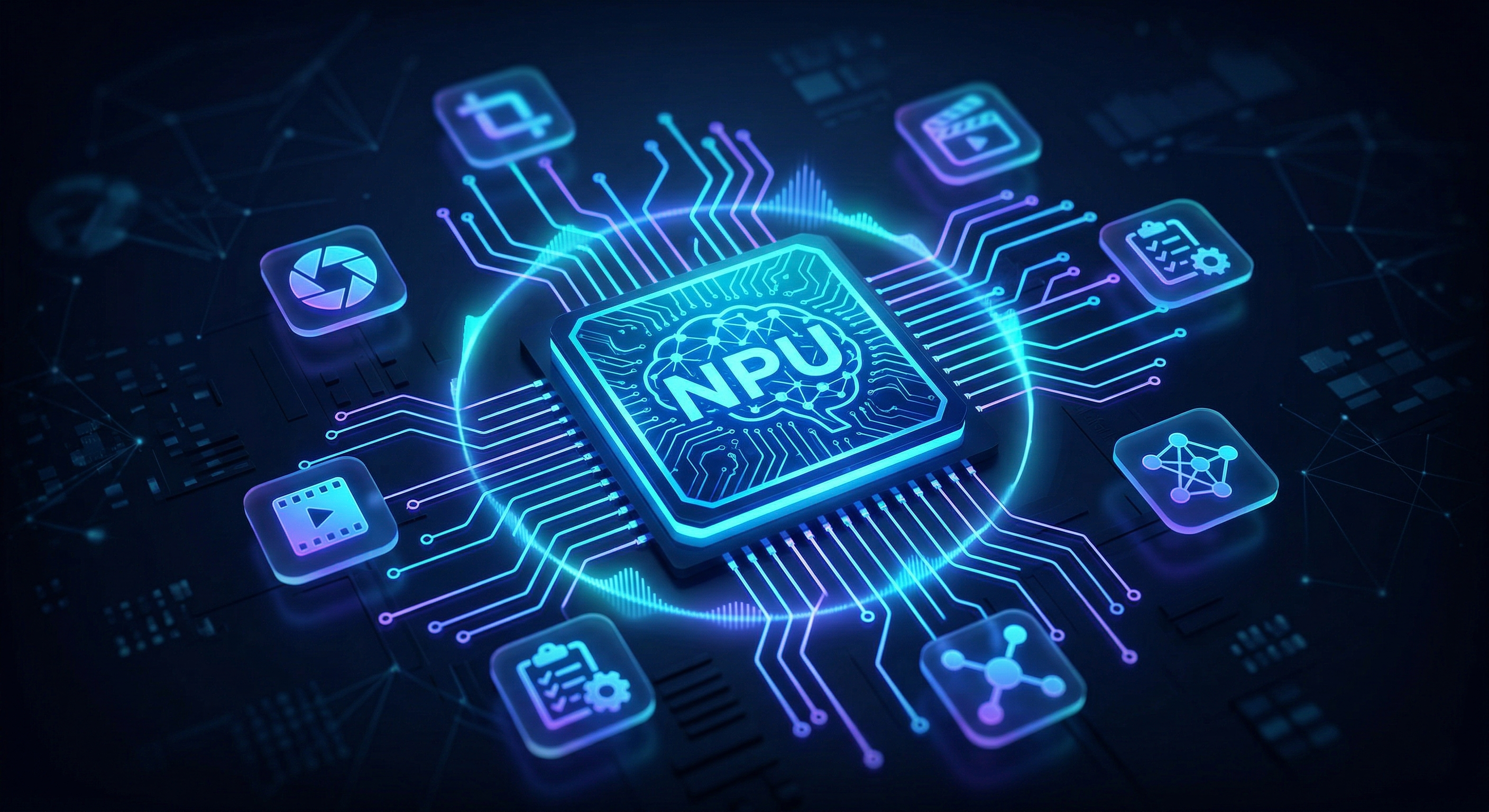 Collage of apps surrounding an NPU chip