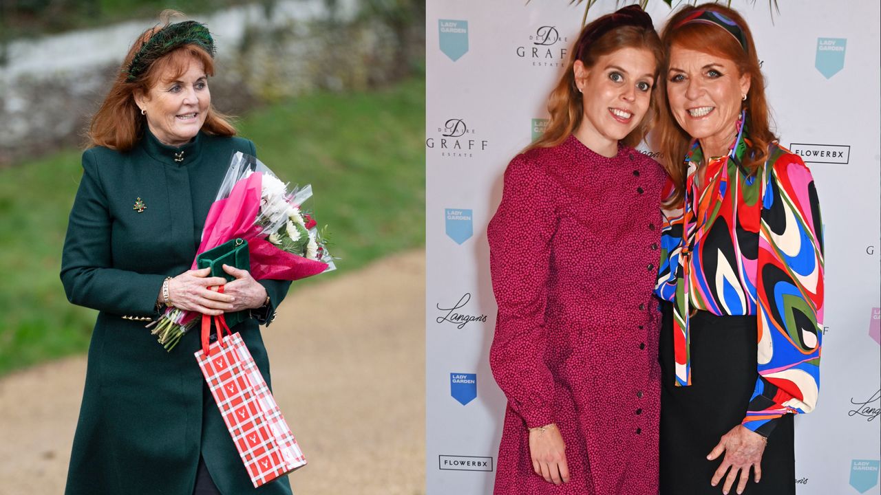 Two photos of Sarah Ferguson, one of her wearing a green coat and headband holding flowers and a gift bag outside and one of her posing with Princess Beatrice in a colorful silk blouse and black skirt